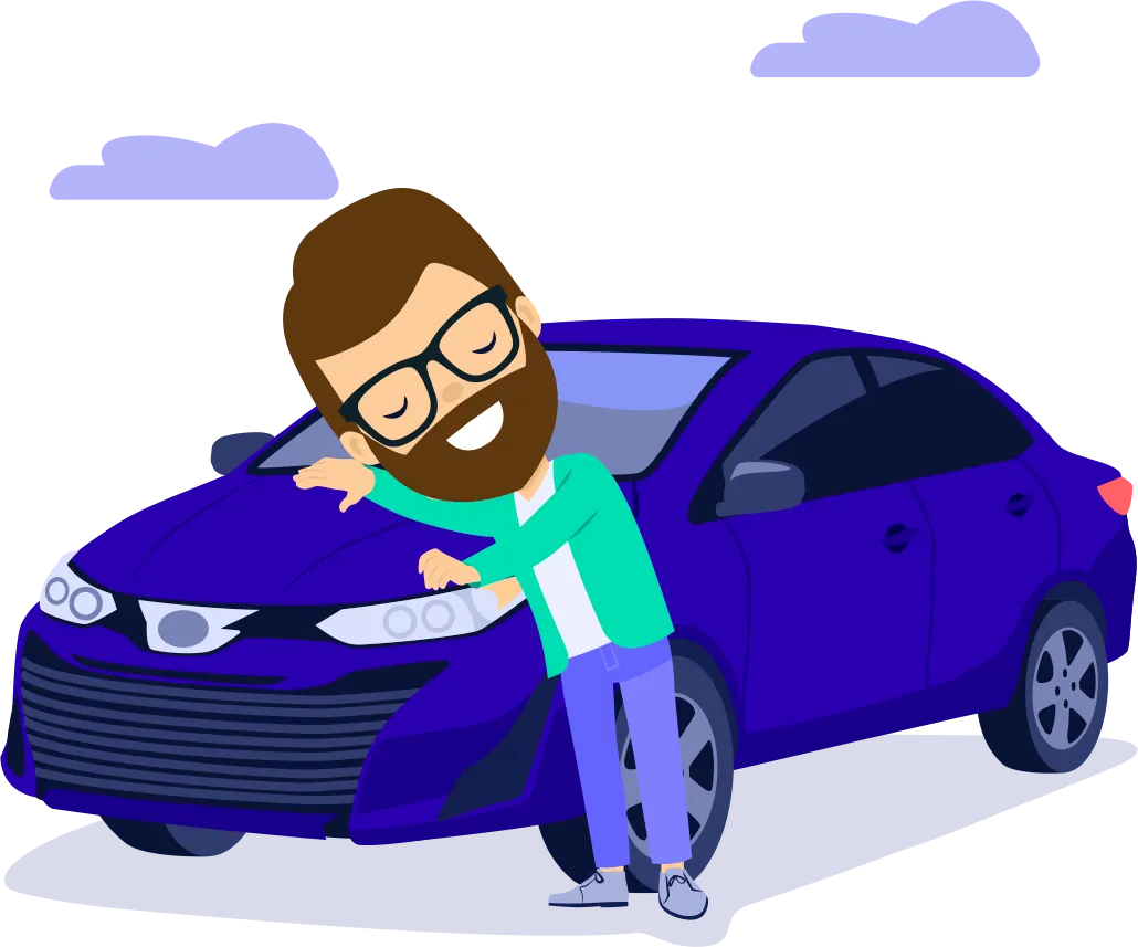 Karlos, el asistente de Gerencia de Riesgos, abraza su auto asegurado