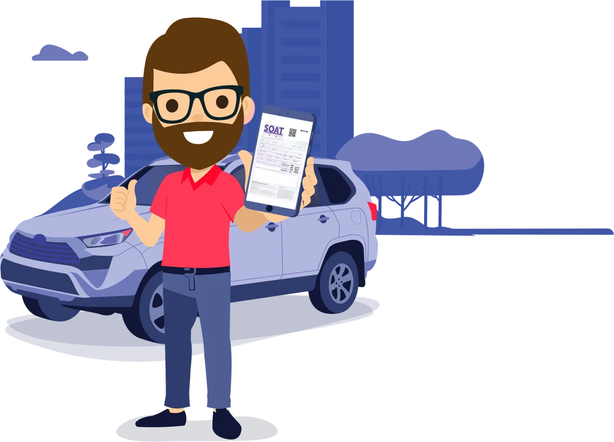 Karlos, el asistente de Gerencia de Riesgos, muestra su SOAT digital junto a su auto